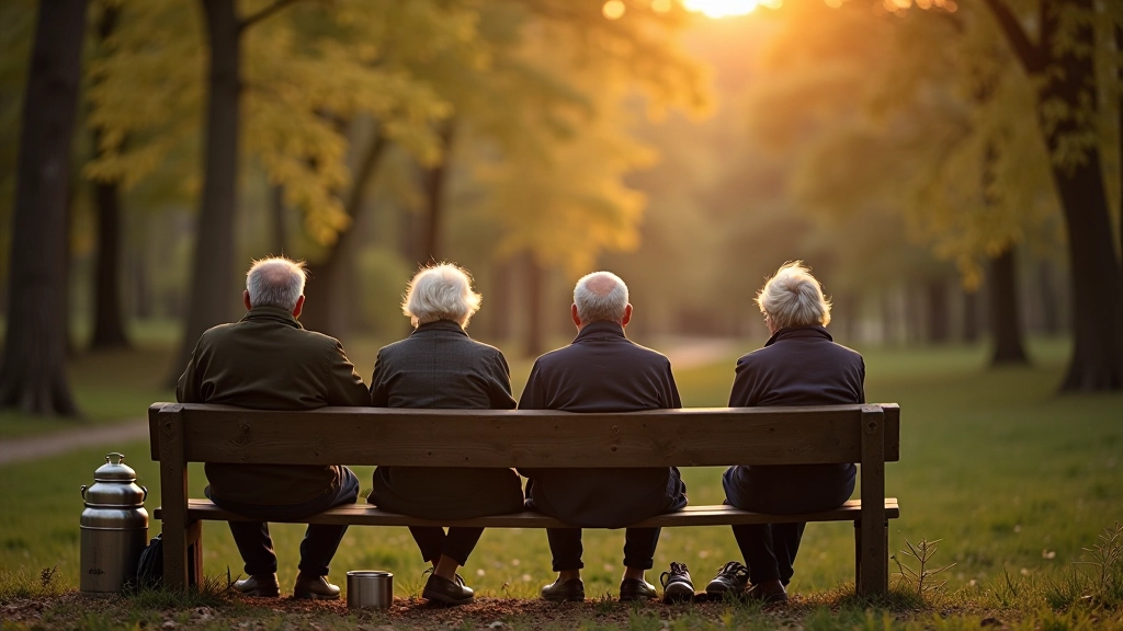 Skupina seniorů si odpočívá na lavičce v přírodě, termoska s čajem a svačina