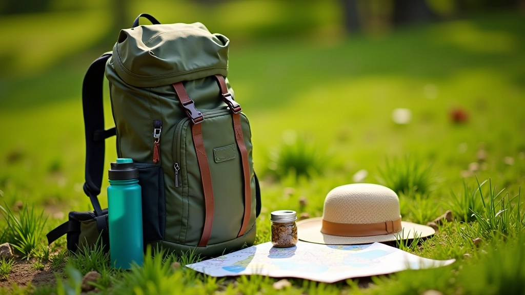 Backpack s outdoorovým vybavením rozloženo na trávě, voda, svačina, slunečník, mapa
